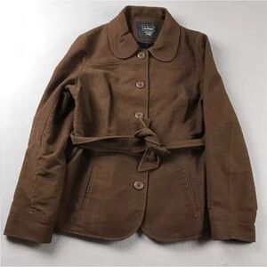 LL BEAN Cotton Trench Style Lined belted Short Jacket Cost Brown woman’s Sz S